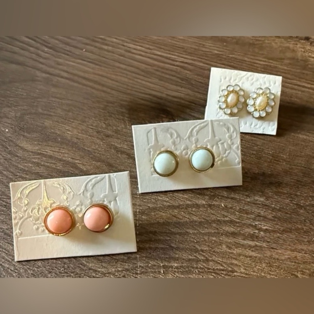 3 pairs of new assorted stud earrings, nickel free. Gold toned.